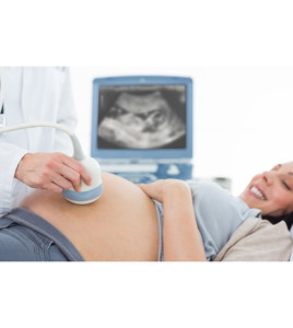 Cropped image of doctor performing ultrasound on pregnant woman in clinic