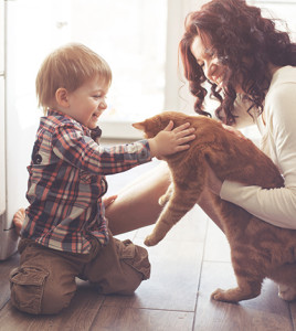 Mother with her baby playing with pet on the floor at the kitchen at home